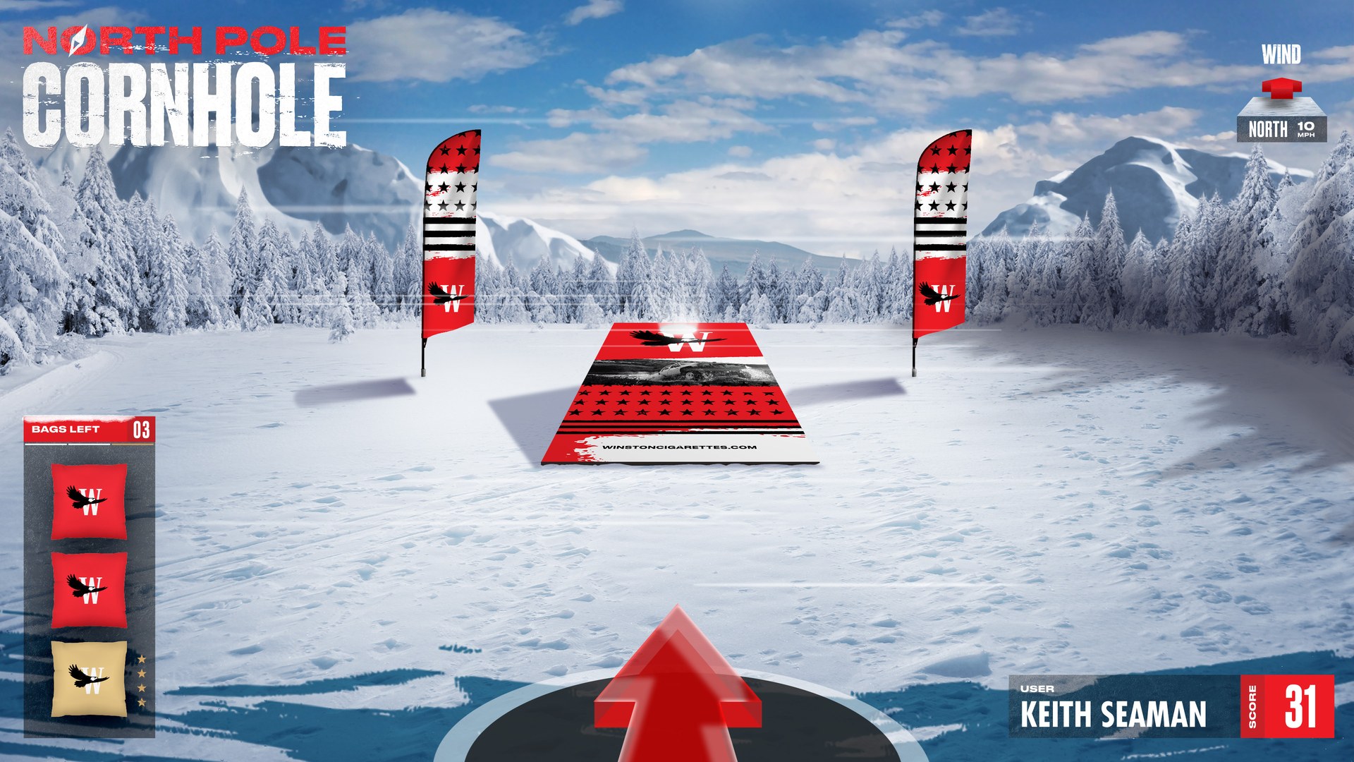 Winston North Pole Cornhole — snowfield game board with wind meter, bag inventory, and score HUD