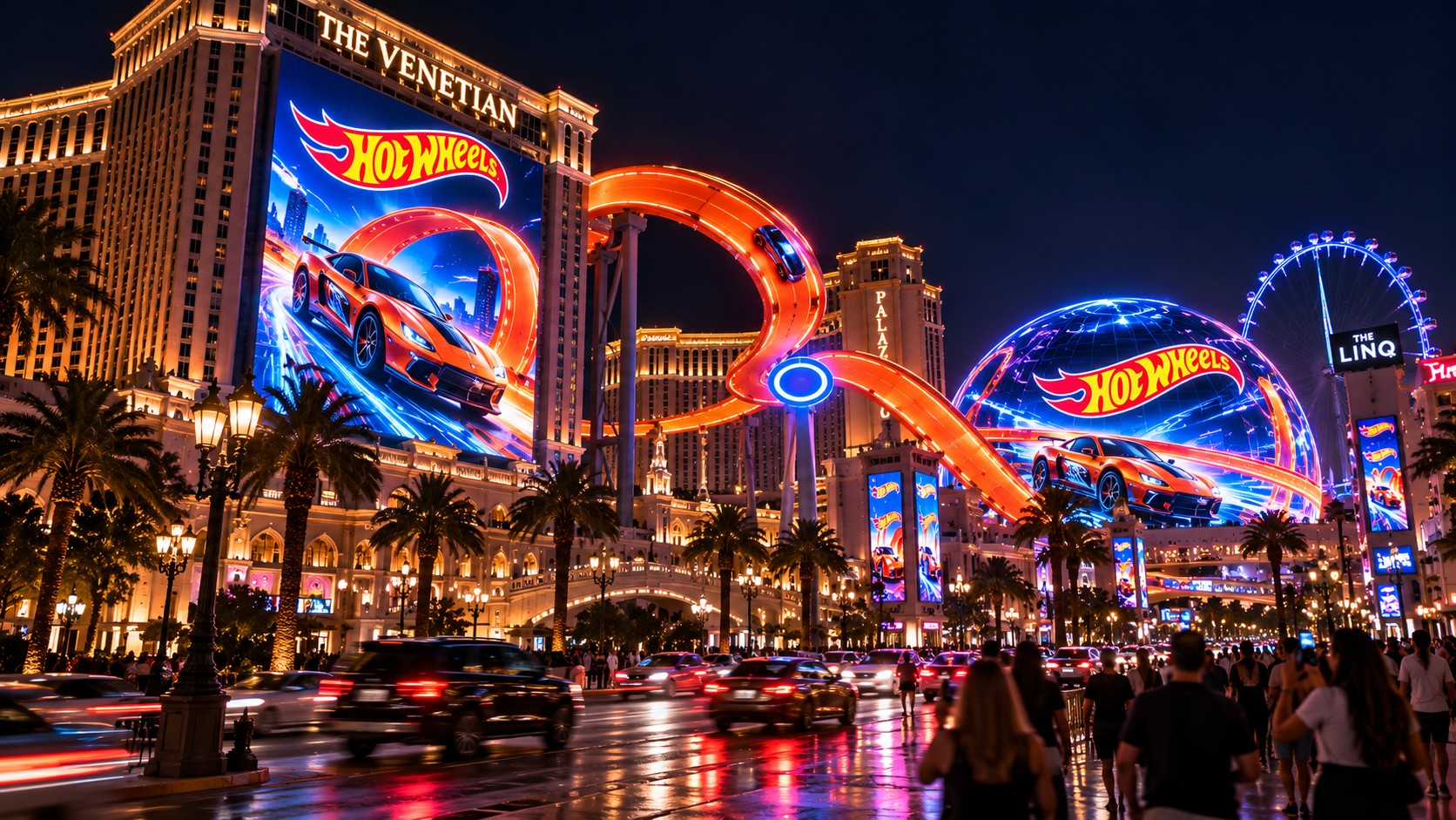Hot Wheels track looping past the Venetian and around the Las Vegas Sphere at night