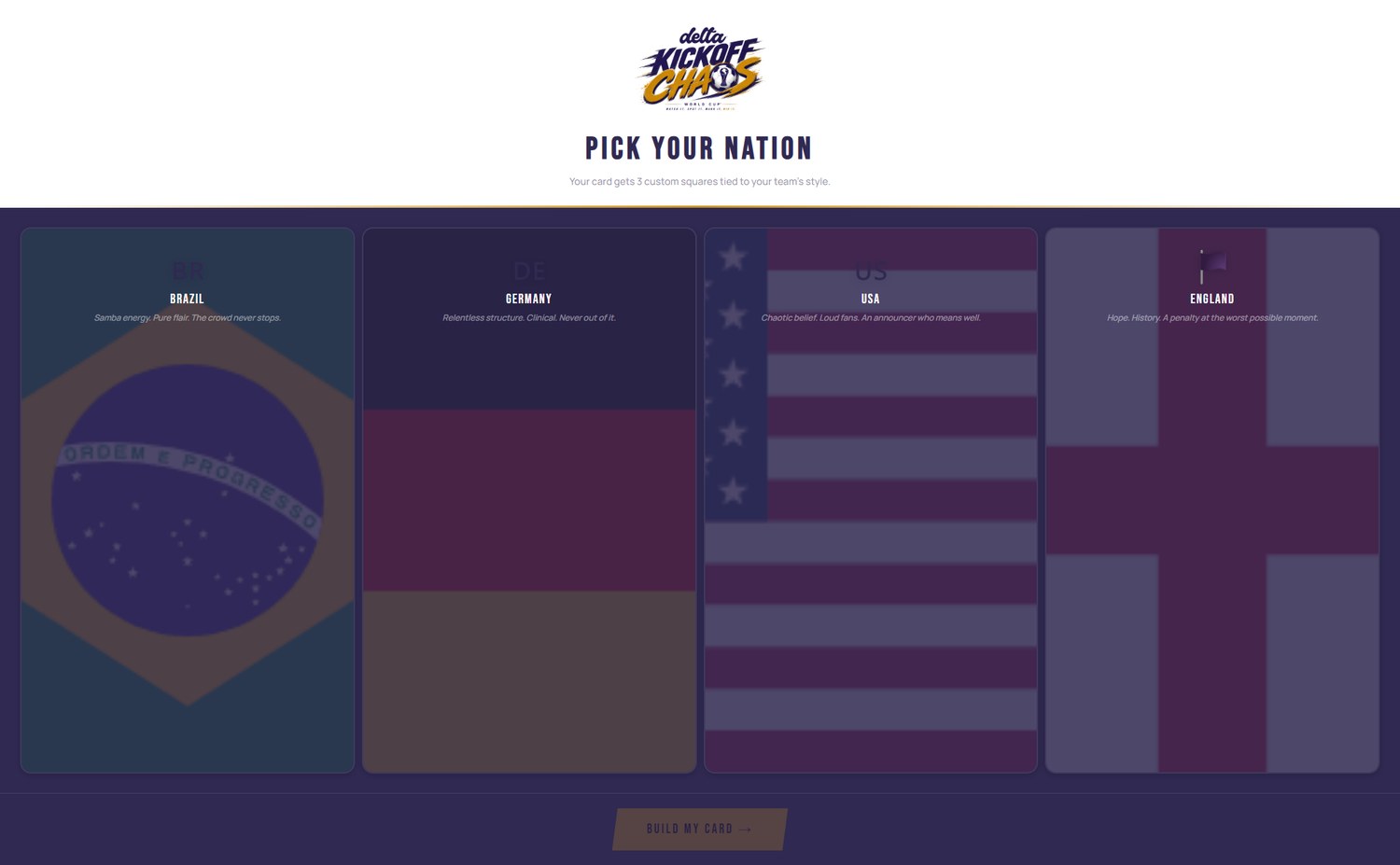 Pick your nation screen