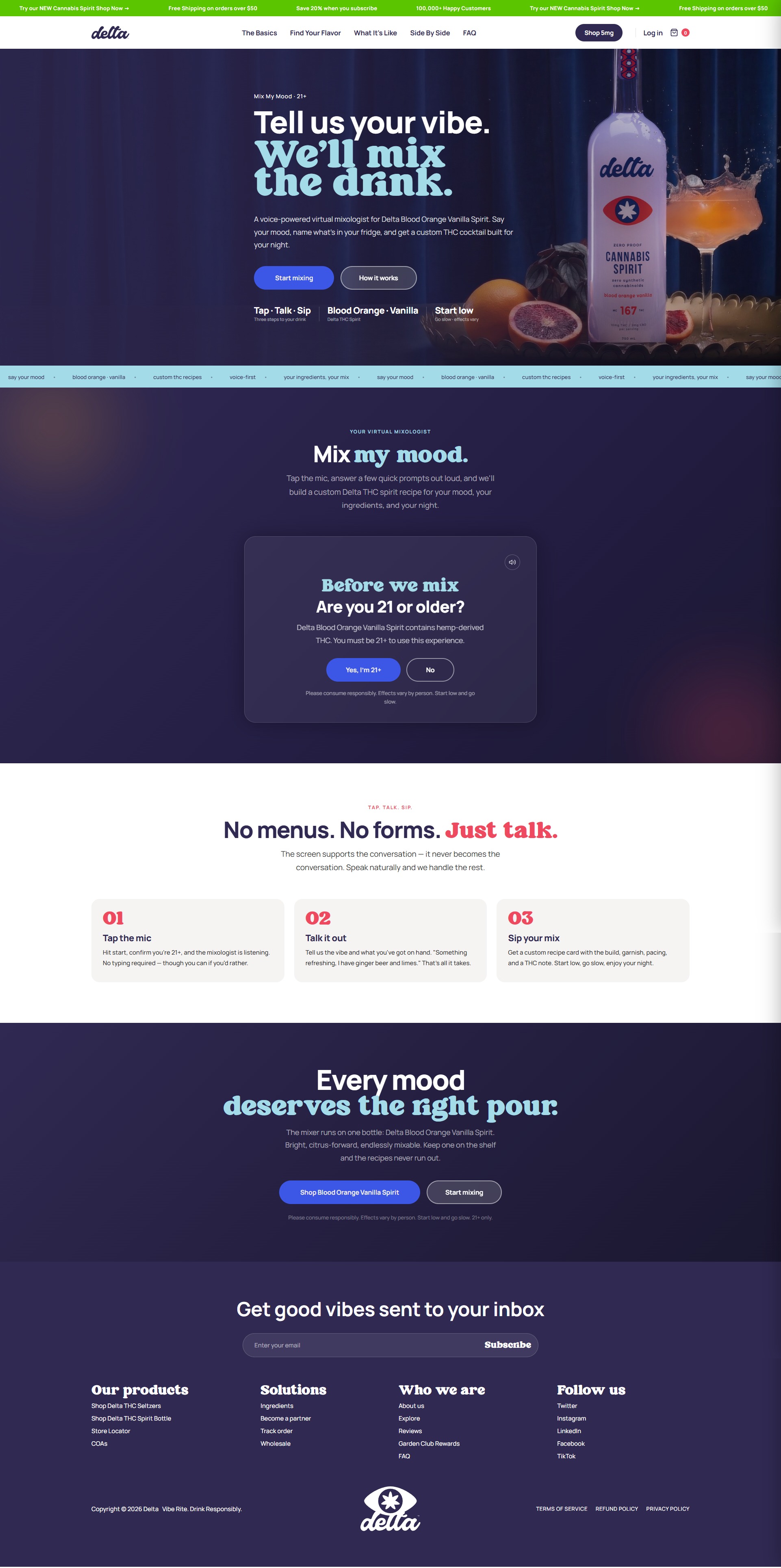 Mix My Mood landing page for Delta Blood Orange Vanilla Spirit