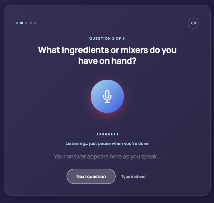 Voice recognition screen asking which ingredients are on hand