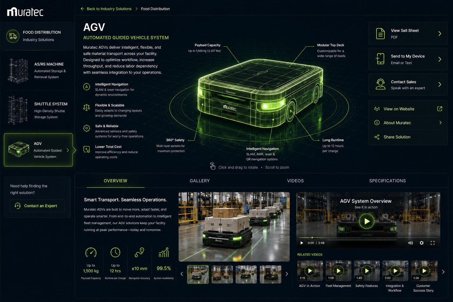 AGV detail screen with 3D model and specifications
