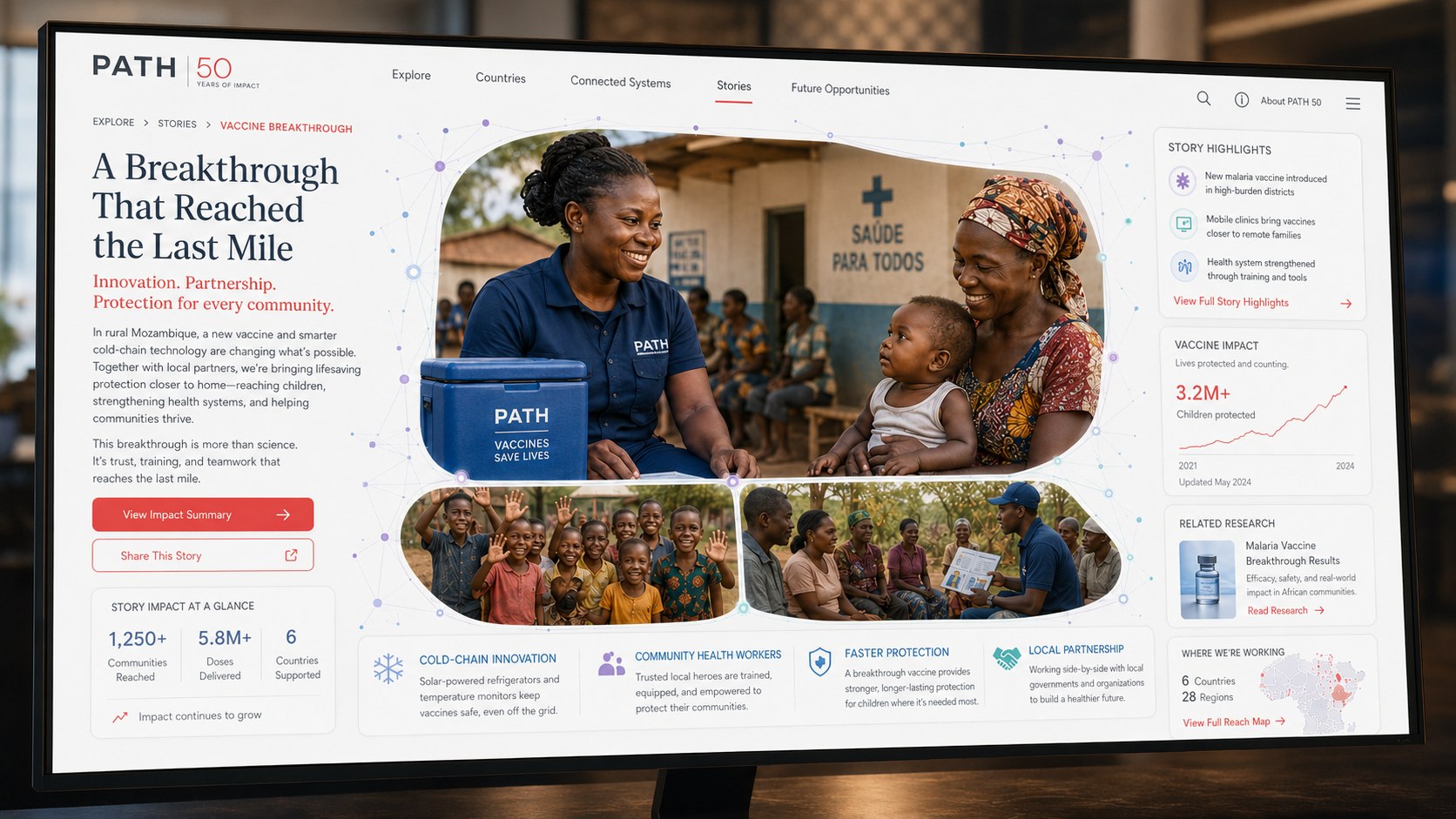 Vaccine breakthrough story screen with impact figures