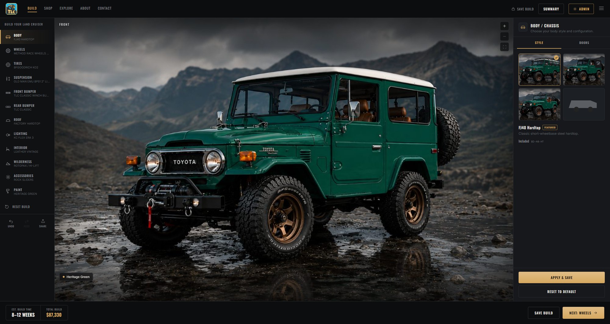 Body and chassis step showing an FJ40 hardtop in Heritage Green