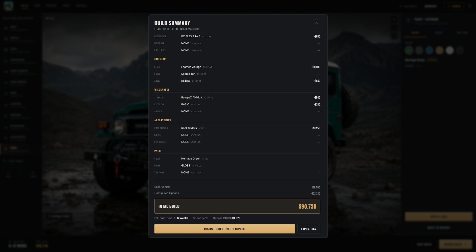 Build summary modal listing every configured option with a total build price