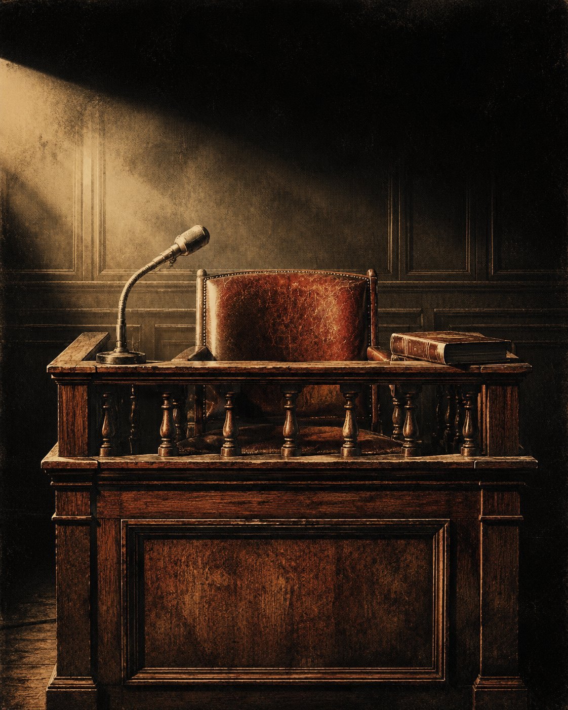 A wooden courtroom witness stand with leather chair, vintage microphone, and oath book